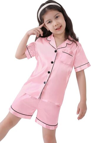 SWOMOG Kids Satin Pajamas Sets Girls Boys Button-Down Pjs Short Sleeve Silk Nightwear 2 Piece Lounge Sets in Saudi Arabia