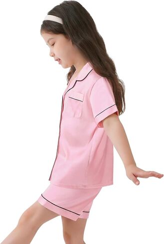 SWOMOG Kids Satin Pajamas Sets Girls Boys Button-Down Pjs Short Sleeve Silk Nightwear 2 Piece Lounge Sets in Saudi Arabia