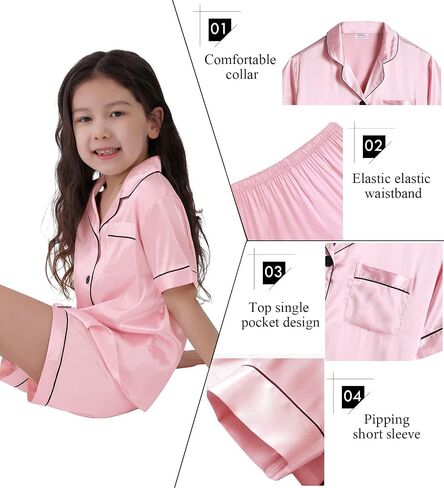 SWOMOG Kids Satin Pajamas Sets Girls Boys Button-Down Pjs Short Sleeve Silk Nightwear 2 Piece Lounge Sets in Saudi Arabia