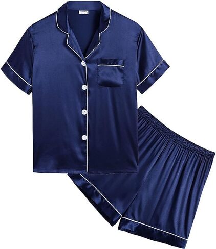 SWOMOG Kids Satin Pajamas Sets Girls Boys Button-Down Pjs Short Sleeve Silk Nightwear 2 Piece Lounge Sets in Saudi Arabia