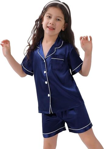 SWOMOG Kids Satin Pajamas Sets Girls Boys Button-Down Pjs Short Sleeve Silk Nightwear 2 Piece Lounge Sets in Saudi Arabia