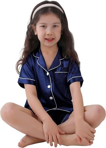 SWOMOG Kids Satin Pajamas Sets Girls Boys Button-Down Pjs Short Sleeve Silk Nightwear 2 Piece Lounge Sets in Saudi Arabia