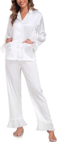 BestWendding Womens Silky Pajamas Ruffle Hem Long Sleeve Collar Shirt and Long Pants Button Up Lounge Sets with Pockets in Kuwait