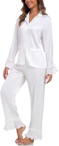 BestWendding Womens Silky Pajamas Ruffle Hem Long Sleeve Collar Shirt and Long Pants Button Up Lounge Sets with Pockets in Kuwait