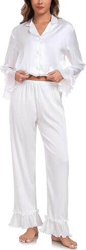 BestWendding Womens Silky Pajamas Ruffle Hem Long Sleeve Collar Shirt and Long Pants Button Up Lounge Sets with Pockets in Kuwait