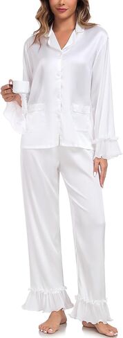BestWendding Womens Silky Pajamas Ruffle Hem Long Sleeve Collar Shirt and Long Pants Button Up Lounge Sets with Pockets in Kuwait