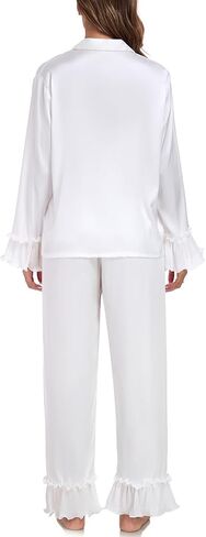 BestWendding Womens Silky Pajamas Ruffle Hem Long Sleeve Collar Shirt and Long Pants Button Up Lounge Sets with Pockets in Kuwait