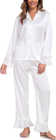 BestWendding Womens Silky Pajamas Ruffle Hem Long Sleeve Collar Shirt and Long Pants Button Up Lounge Sets with Pockets in Kuwait