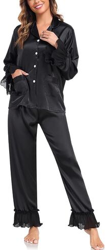 BestWendding Womens Silky Pajamas Ruffle Hem Long Sleeve Collar Shirt and Long Pants Button Up Lounge Sets with Pockets in Kuwait