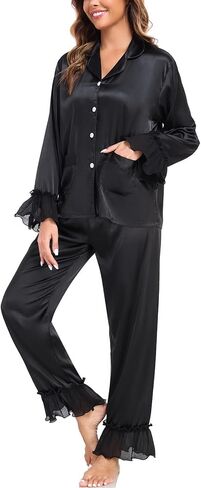 BestWendding Womens Silky Pajamas Ruffle Hem Long Sleeve Collar Shirt and Long Pants Button Up Lounge Sets with Pockets in Kuwait
