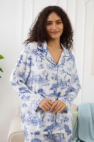 Womens Pajamas Set 2 Piece Long Sleeve Sleepwear Button Down Pjs Lounge Set Nightwear with Pockets in Saudi Arabia