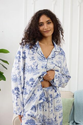 Womens Pajamas Set 2 Piece Long Sleeve Sleepwear Button Down Pjs Lounge Set Nightwear with Pockets in Saudi Arabia