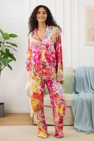 Womens Pajamas Set 2 Piece Long Sleeve Sleepwear Button Down Pjs Lounge Set Nightwear with Pockets in Saudi Arabia