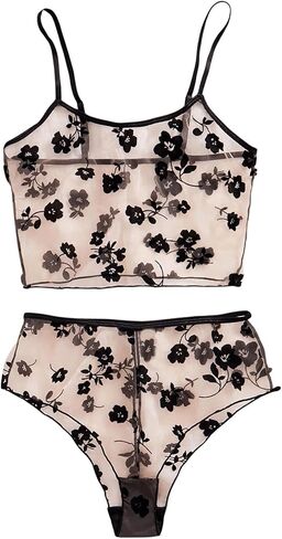 SOLY HUX Women's Lingeries Floral Mesh Sheer Matching Bra and Panty Set Boudoir Outfits Nightwear 2 Piece in Kuwait