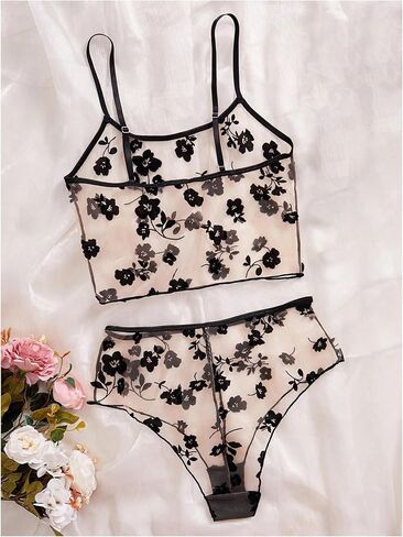 SOLY HUX Women's Lingeries Floral Mesh Sheer Matching Bra and Panty Set Boudoir Outfits Nightwear 2 Piece in Kuwait