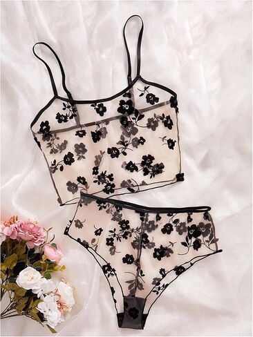 SOLY HUX Women's Lingeries Floral Mesh Sheer Matching Bra and Panty Set Boudoir Outfits Nightwear 2 Piece in Kuwait