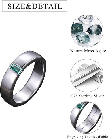 Flpruy Moss Agate Ring Men 925 Sterling Silver Custom Engraving Text Men's Wedding Rings Promise Ring Moss Agate Jewelry Gift for Engagement/Anniversary/Wedding in Saudi Arabia