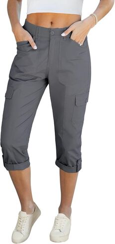 LookbookStore Capri Pants for Women High Waisted Cargo Casual Elastic Waist Rolled Hem Summer Capris Pants with Pockets in Saudi Arabia