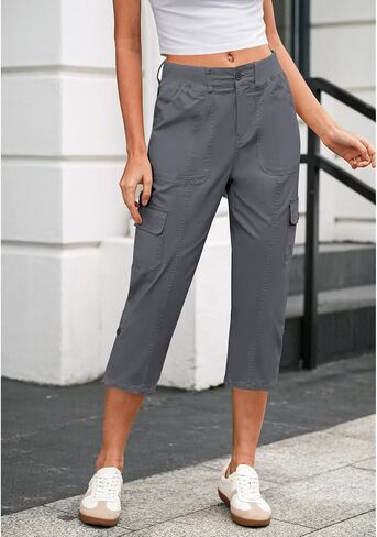 LookbookStore Capri Pants for Women High Waisted Cargo Casual Elastic Waist Rolled Hem Summer Capris Pants with Pockets in Saudi Arabia