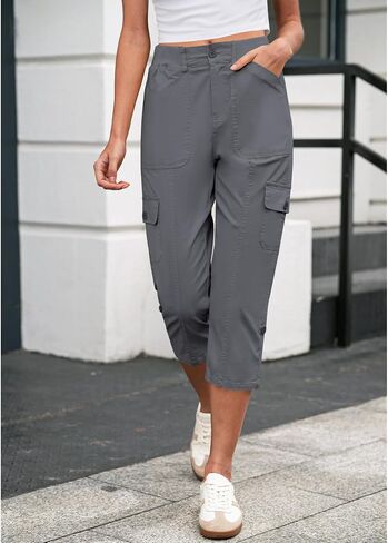 LookbookStore Capri Pants for Women High Waisted Cargo Casual Elastic Waist Rolled Hem Summer Capris Pants with Pockets in Saudi Arabia