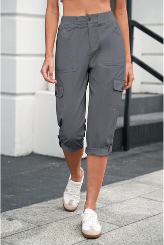 LookbookStore Capri Pants for Women High Waisted Cargo Casual Elastic Waist Rolled Hem Summer Capris Pants with Pockets in Saudi Arabia