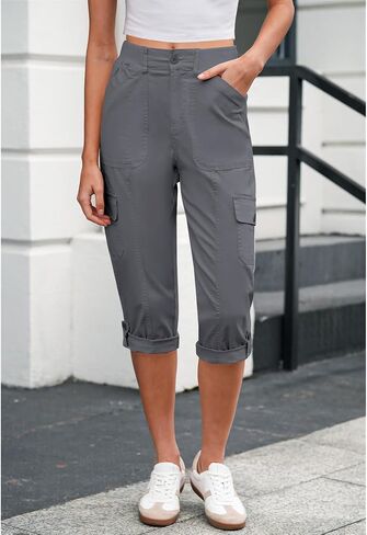 LookbookStore Capri Pants for Women High Waisted Cargo Casual Elastic Waist Rolled Hem Summer Capris Pants with Pockets in Saudi Arabia