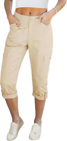 LookbookStore Capri Pants for Women High Waisted Cargo Casual Elastic Waist Rolled Hem Summer Capris Pants with Pockets in Kuwait