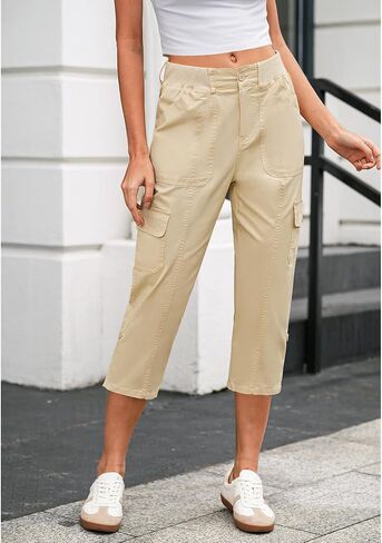 LookbookStore Capri Pants for Women High Waisted Cargo Casual Elastic Waist Rolled Hem Summer Capris Pants with Pockets in Kuwait