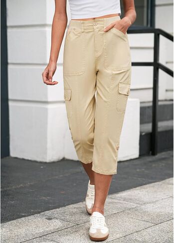 LookbookStore Capri Pants for Women High Waisted Cargo Casual Elastic Waist Rolled Hem Summer Capris Pants with Pockets in Kuwait