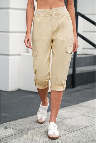 LookbookStore Capri Pants for Women High Waisted Cargo Casual Elastic Waist Rolled Hem Summer Capris Pants with Pockets in Kuwait