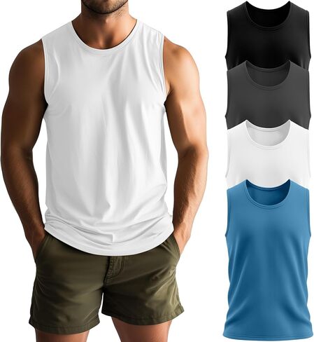 Neer 4 Pack Men's Big & Tall Tank Tops, Sleeveless Cotton Crew Neck T Shirts Casual Classic Shirts Muscle Quick Dry Tees in Kuwait