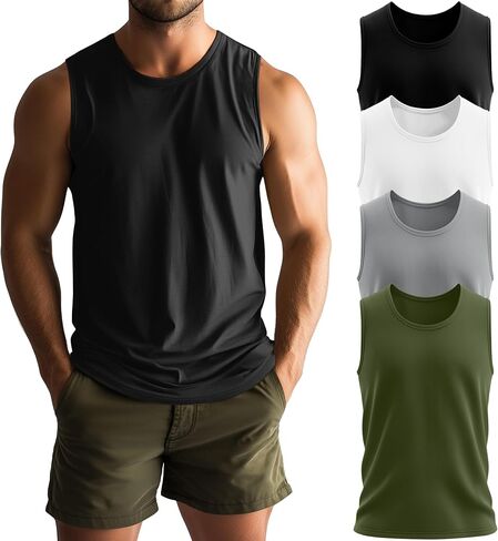 Neer 4 Pack Men's Big & Tall Tank Tops, Sleeveless Cotton Crew Neck T Shirts Casual Classic Shirts Muscle Quick Dry Tees in Kuwait