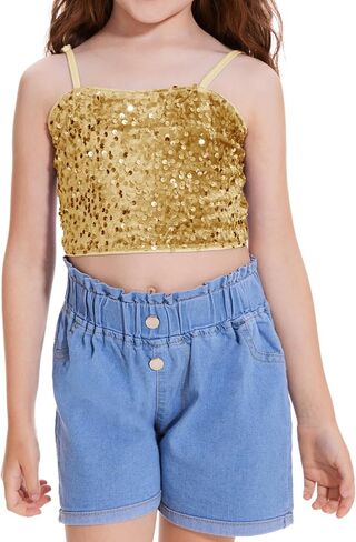 Girls Sleeveless Tank Top Sequin Spaghetti Strap Crop Cami Camisole Sparkly Dance Blouse in Saudi Arabia