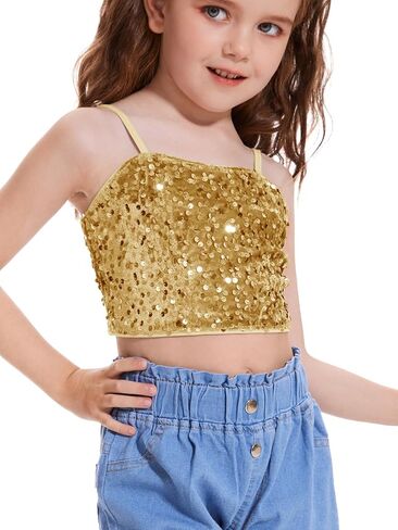 Girls Sleeveless Tank Top Sequin Spaghetti Strap Crop Cami Camisole Sparkly Dance Blouse in Saudi Arabia