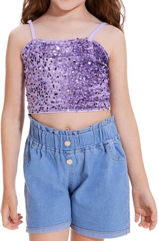 Girls Sleeveless Tank Top Sequin Spaghetti Strap Crop Cami Camisole Sparkly Dance Blouse in Saudi Arabia