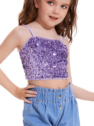 Girls Sleeveless Tank Top Sequin Spaghetti Strap Crop Cami Camisole Sparkly Dance Blouse in Saudi Arabia
