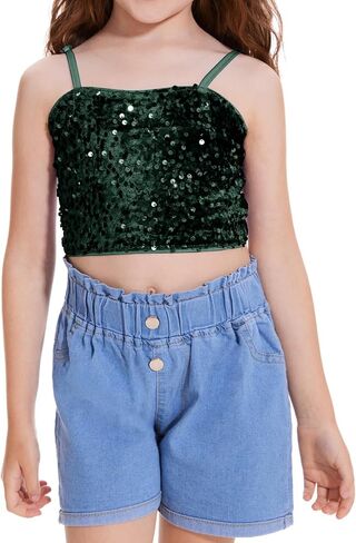 Girls Sleeveless Tank Top Sequin Spaghetti Strap Crop Cami Camisole Sparkly Dance Blouse in Saudi Arabia