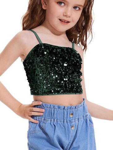 Girls Sleeveless Tank Top Sequin Spaghetti Strap Crop Cami Camisole Sparkly Dance Blouse in Saudi Arabia