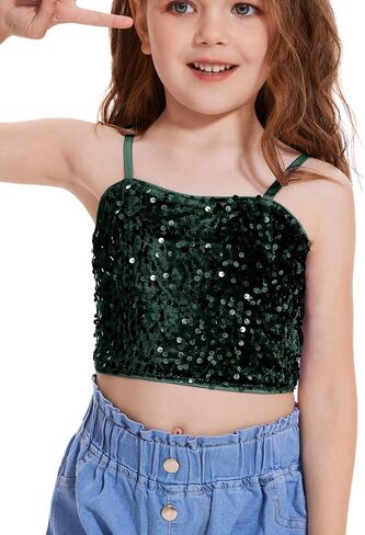 Girls Sleeveless Tank Top Sequin Spaghetti Strap Crop Cami Camisole Sparkly Dance Blouse in Saudi Arabia