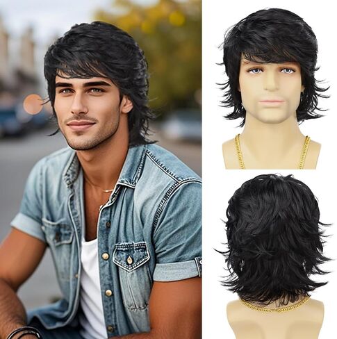 Mens Wig Short Black Layered Heat Resistant Synthetic Wigs for Male Daily Party Cosplay Costume Halloween Use (Black) in Kuwait