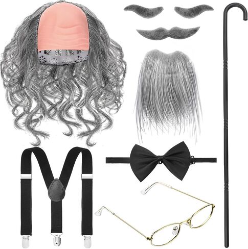 WILLBOND 8 Pieces Old Man Costume Grandpa Costume, Wig Walking Cane Glasses Faux Eyebrows Artificial Mustache Suspenders Bow Tie(Silver White) in Saudi Arabia