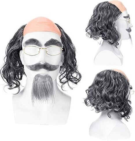 WILLBOND 8 Pieces Old Man Costume Grandpa Costume, Wig Walking Cane Glasses Faux Eyebrows Artificial Mustache Suspenders Bow Tie(Silver White) in Saudi Arabia