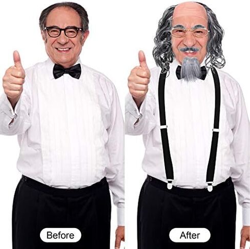WILLBOND 8 Pieces Old Man Costume Grandpa Costume, Wig Walking Cane Glasses Faux Eyebrows Artificial Mustache Suspenders Bow Tie(Silver White) in Saudi Arabia