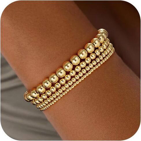 Gold Bracelets for Women, 14K Gold Plated Beaded Bracelets Gold Strand Bead Ball Bracelet Stack Set Adjustable Bracelet Set Waterproof Jewelry for Women Gifts Non Tarnish in Kuwait