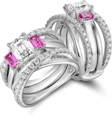 DovEggs Emerald Cut Moissanite Engagement Rings for Women 3.2ct Total 6x8mm GHI Moissanite Wedding Ring Set with Pink/Yellow/Blue Sapphire Accents Enhancer Guard Band 14k Gold QUALITY Sterling Silver in Kuwait