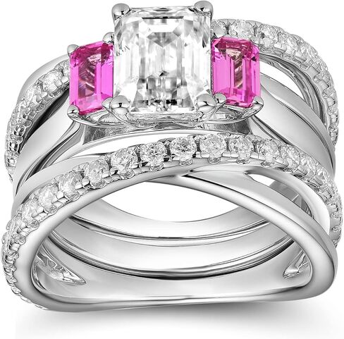 DovEggs Emerald Cut Moissanite Engagement Rings for Women 3.2ct Total 6x8mm GHI Moissanite Wedding Ring Set with Pink/Yellow/Blue Sapphire Accents Enhancer Guard Band 14k Gold QUALITY Sterling Silver in Kuwait