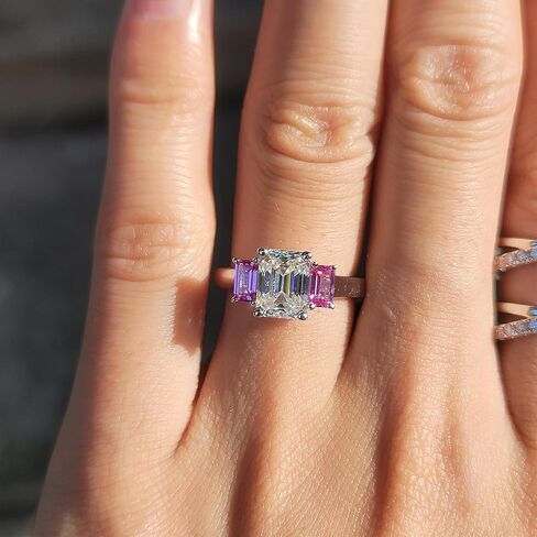 DovEggs Emerald Cut Moissanite Engagement Rings for Women 3.2ct Total 6x8mm GHI Moissanite Wedding Ring Set with Pink/Yellow/Blue Sapphire Accents Enhancer Guard Band 14k Gold QUALITY Sterling Silver in Kuwait