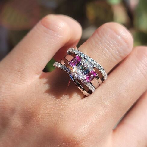 DovEggs Emerald Cut Moissanite Engagement Rings for Women 3.2ct Total 6x8mm GHI Moissanite Wedding Ring Set with Pink/Yellow/Blue Sapphire Accents Enhancer Guard Band 14k Gold QUALITY Sterling Silver in Kuwait