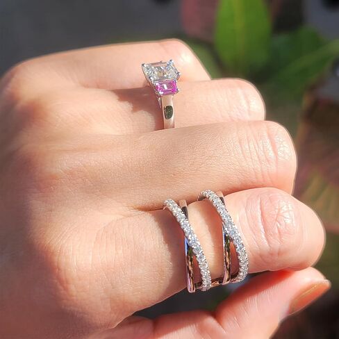 DovEggs Emerald Cut Moissanite Engagement Rings for Women 3.2ct Total 6x8mm GHI Moissanite Wedding Ring Set with Pink/Yellow/Blue Sapphire Accents Enhancer Guard Band 14k Gold QUALITY Sterling Silver in Kuwait