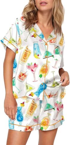 Juakoso Champagne Bottle Pajamas Women Short Sleeve Button Lounge Sets Wine Print Shorts Pjs Espresso Martini Sleepwear in Kuwait